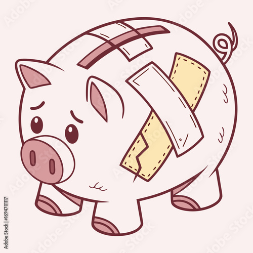 Sad cartoon piggy bank with bandages and cracks symbolizing financial hardship and money problems