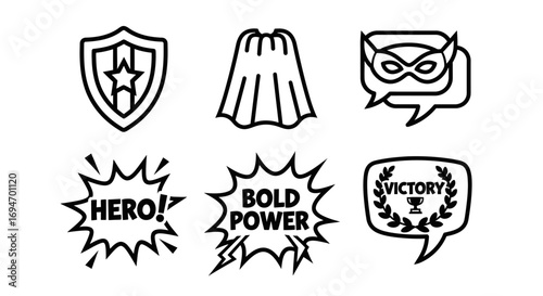 Superhero Icons Shield, Cape, Mask, and Victory Speech Bubbles Illustration