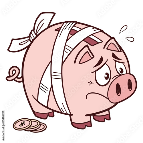 Sad cartoon piggy bank with bandages and coins symbolizing financial hardship and economic crisis