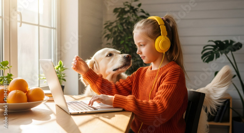 A girl working on laptop while petting a dog at home, concept of pet friendly work environment
