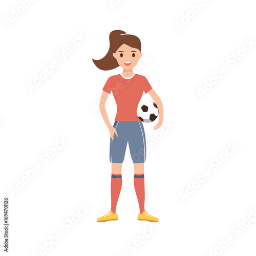 Young Female Soccer Player Holding Ball in Uniform with Ponytail