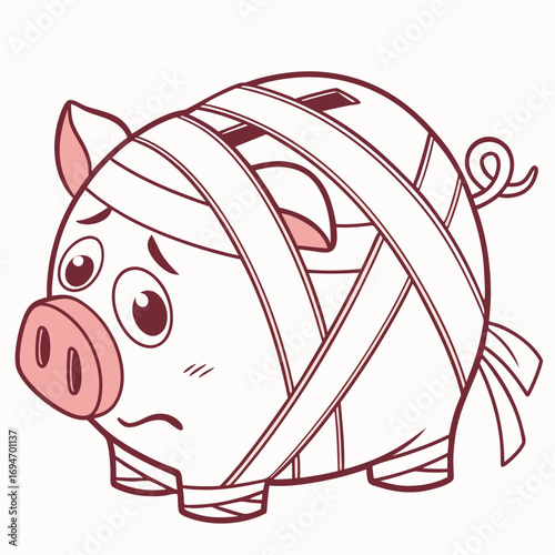 Sad cartoon piggy bank wrapped in bandages looking worried about financial problems and debt