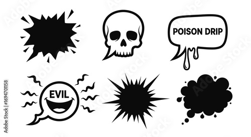 Set of black and white comic book speech bubbles and graphic explosion icons for expressing aggression, danger, and surprise
