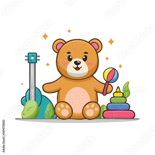 Cartoon Teddy Bear Surrounded by Toys with Happy Smiling Expression