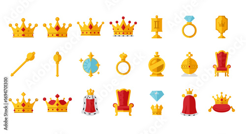 Royalty icons collection: crowns, thrones, scepters, and jewels in flat design
