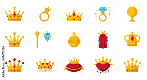 Collection of ornate royal crowns and jewels in flat style on white background