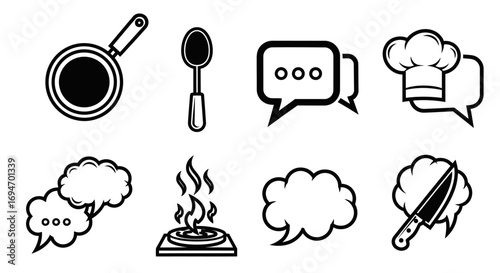 Vector icon collection symbolizing the conversation around cooking, featuring kitchen tools like a pan and knife combined with speech bubbles for food blogs