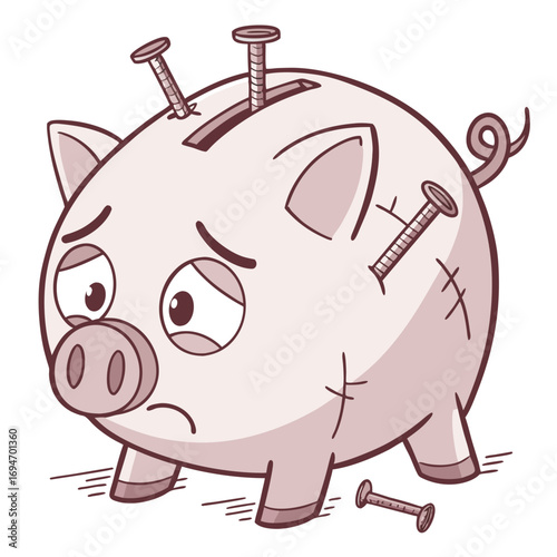 Sad piggy bank with nails hammered into its body and a broken nail on the floor symbolizing financial hardship