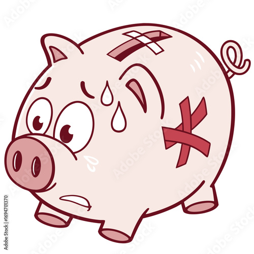 Worried and injured piggy bank with bandages and sweat drops symbolizing financial stress and money problems