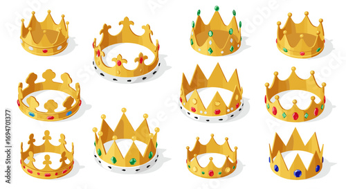 Collection of gold crowns with jewels in realistic 3d style