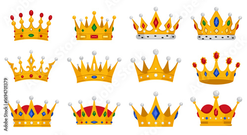 Elegant collection of royal crowns in flat design with colorful jewels