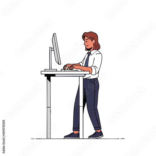 Professional woman working diligently at a standing desk, focused on modern technology