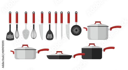 Flat kitchen utensils collection with red handles: pots, pans, and cooking tools