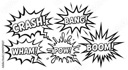 Dynamic pop art sound effects in explosive bubbles, a retro comic book style illustration for action scenes