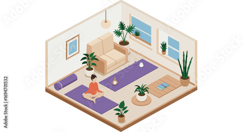 Cozy minimalist meditation room with plants in isometric design for mindfulness and relaxation