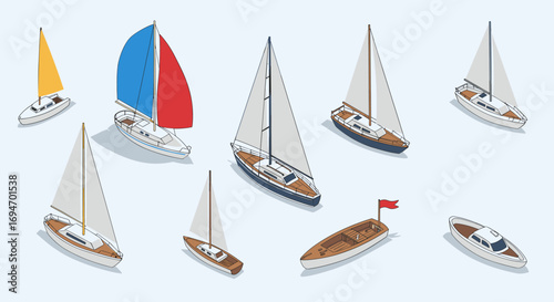 Isometric yacht and sailboat collection on calm blue background
