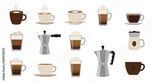 Variety of coffee cups and espresso makers in flat style