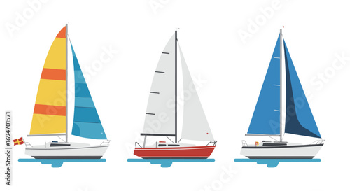 Colorful yacht collection with vibrant sail designs in flat style