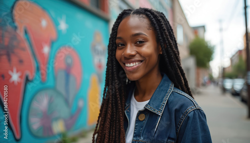 Young Black woman smiles confidently, wearing denim jacket with American flag pin. She proudly displays I Voted sticker. Civic duty, voter participation. Urban street with graffiti art background.