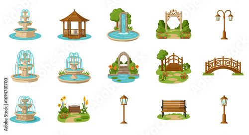 Collection of garden elements: fountains, gazebos, and bridges for outdoor design