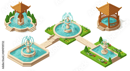 Isometric garden fountains and gazebo with flowing water and greenery