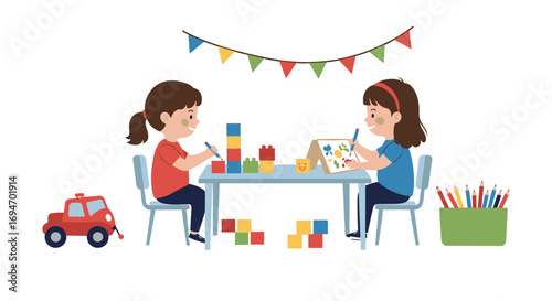Children playing and drawing with blocks and toys in classroom setting