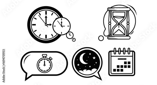 A versatile set of monochrome line art icons representing time management concepts like clocks, calendars, and hourglasses for scheduling