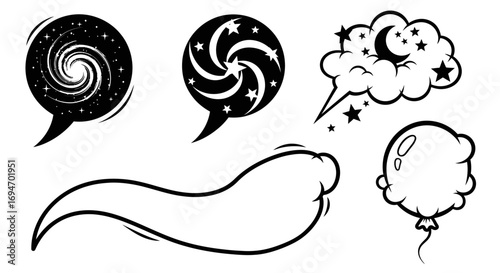 A versatile set of monochrome comic book speech bubbles, featuring creative concepts like galaxies, stars, and clouds for dialogue and thought