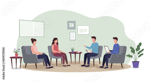 Team meeting in modern office setting with laptops and coffee