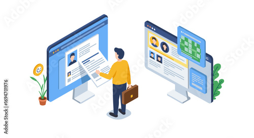 Job recruitment concept with candidate reviewing online profiles in modern isometric style