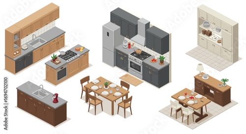 Isometric kitchen interiors with modern cabinets and dining furniture in neutral tones