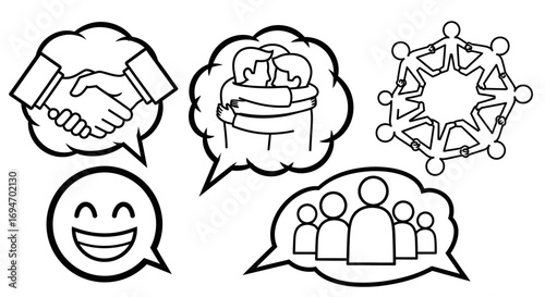 Line art icons in speech bubbles illustrating social interaction, encompassing communication, partnership, friendship, joy, and community connections