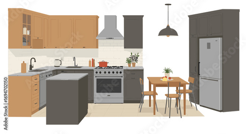Modern kitchen interior with dining set and appliances in flat design
