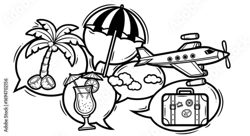 Vector illustration of travel and vacation icons in speech bubbles, a black and white sketch about planning or dreaming of a summer holiday trip
