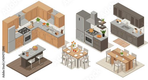 Modern isometric kitchen setups with furniture and appliances in various styles