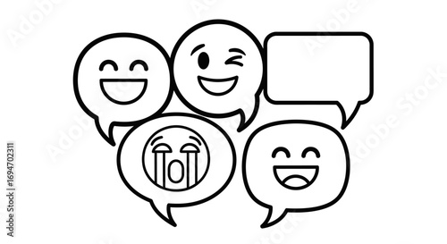 A set of line art emoticon icons within speech bubbles, symbolizing digital communication and emotional reactions online