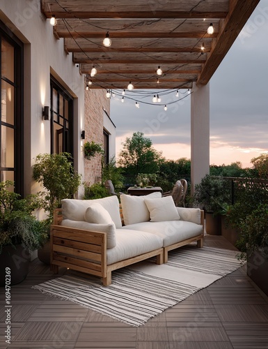 Outdoor patio setting at twilight