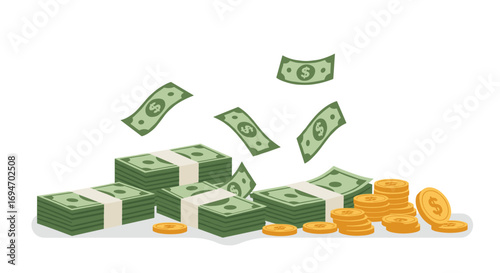 Stacks of cash and coins falling with realistic style in financial concept design