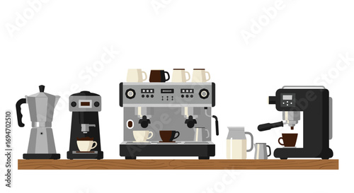 Coffee brewing equipment collection featuring espresso machines and moka pot on wooden surface
