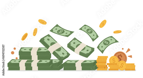 Flat style cash stacks and coins falling in motion