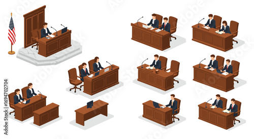 Isometric courtroom scenes with judges and lawyers in various settings