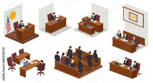 Isometric courtroom scenes with judges, attorneys, and jury
