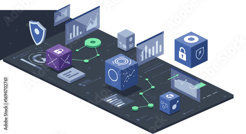 Isometric cybersecurity data visualization with 3d graphs and charts