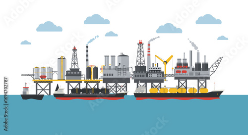Offshore oil rig scene with blue sea and industrial structures