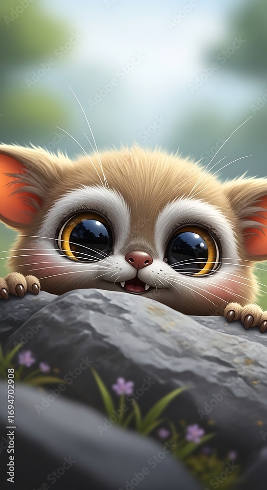 Naklejka premium A charming illustration of a whimsical lemur-like creature peeks out from behind a rock, showcasing large expressive eyes and a joyful expression.