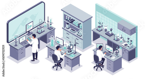 Modern laboratory workspace with researchers in isometric view