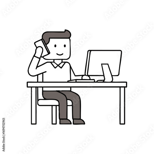 Professional businessman working at desk, talking on phone while using computer for business
