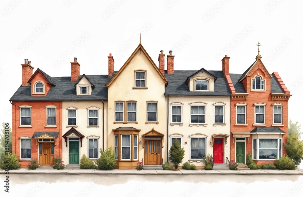 Fototapeta premium Charming watercolor illustration of street with classic row houses. Detailed facades in vibrant colors line neighborhood. Offers charming urban city landscape perspective of residential buildings.