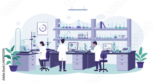 Modern science laboratory with researchers and high-tech equipment
