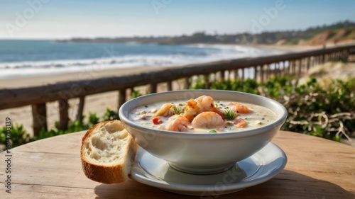 Seafood Soup in White Bowl with Bread on Wooden Table Near Beach